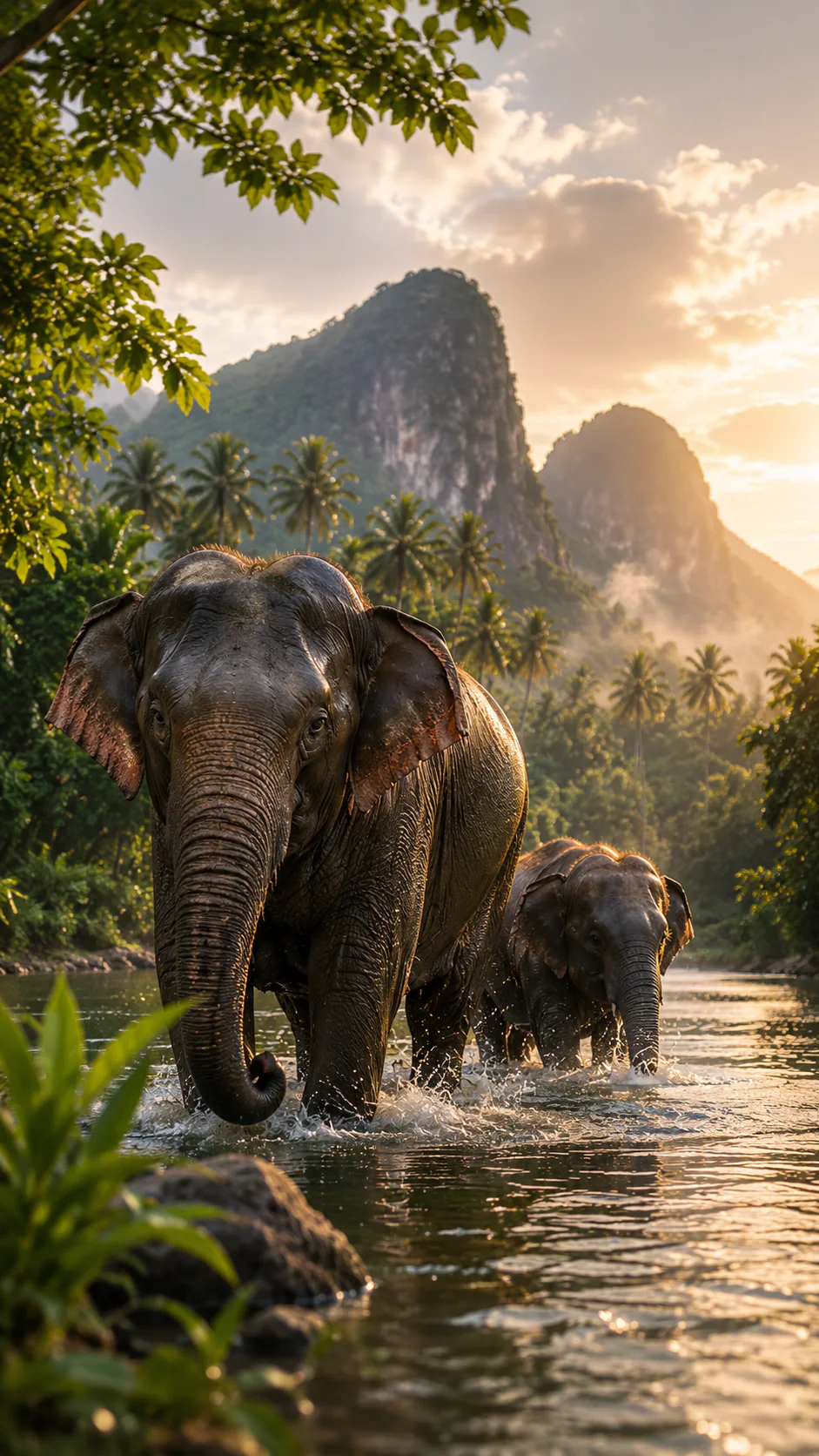 Elefantes caminando en un paisaje natural de Tailandia