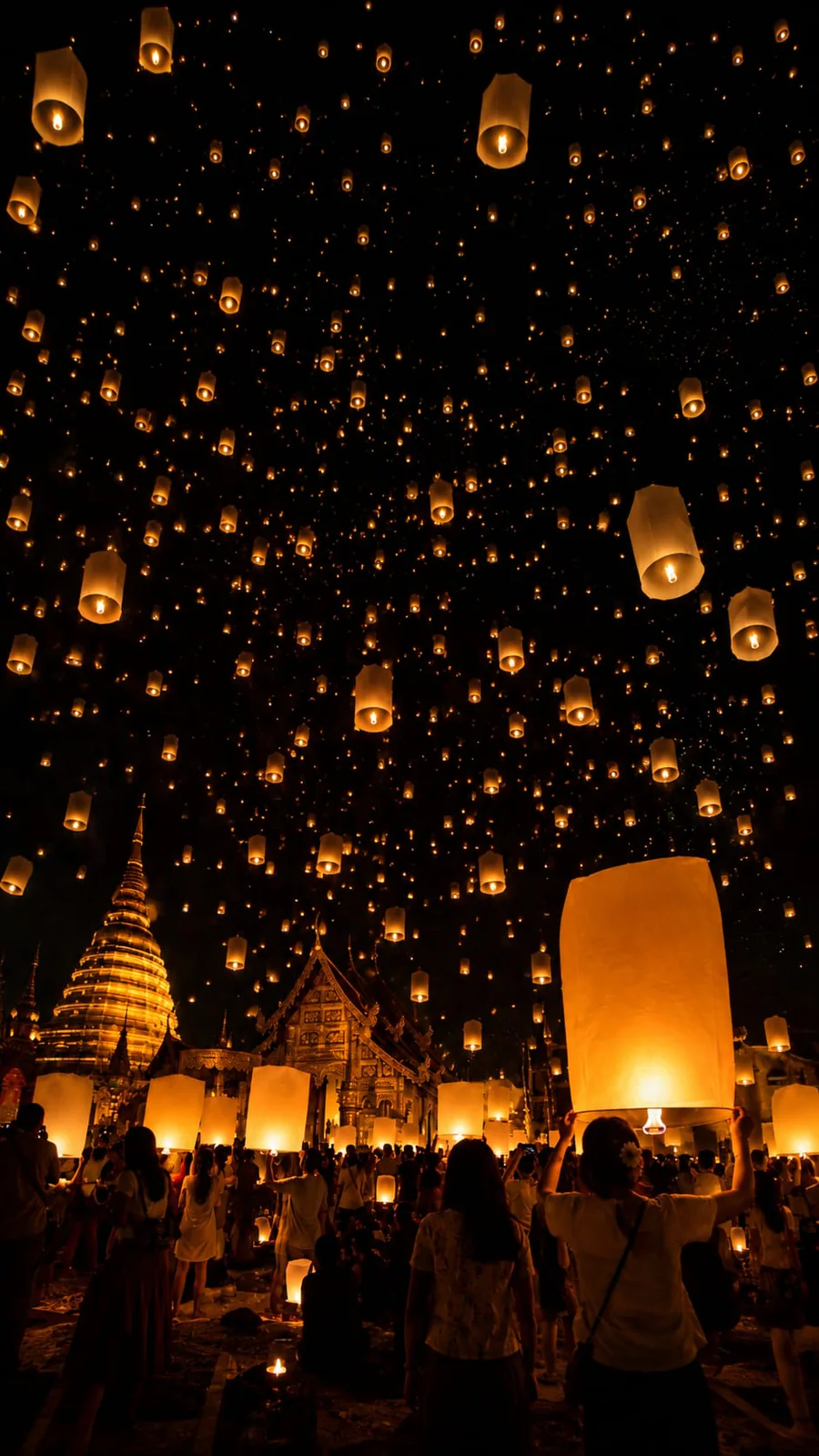 Miles de farolillos encendidos elevándose durante Yi Peng en Chiang Mai