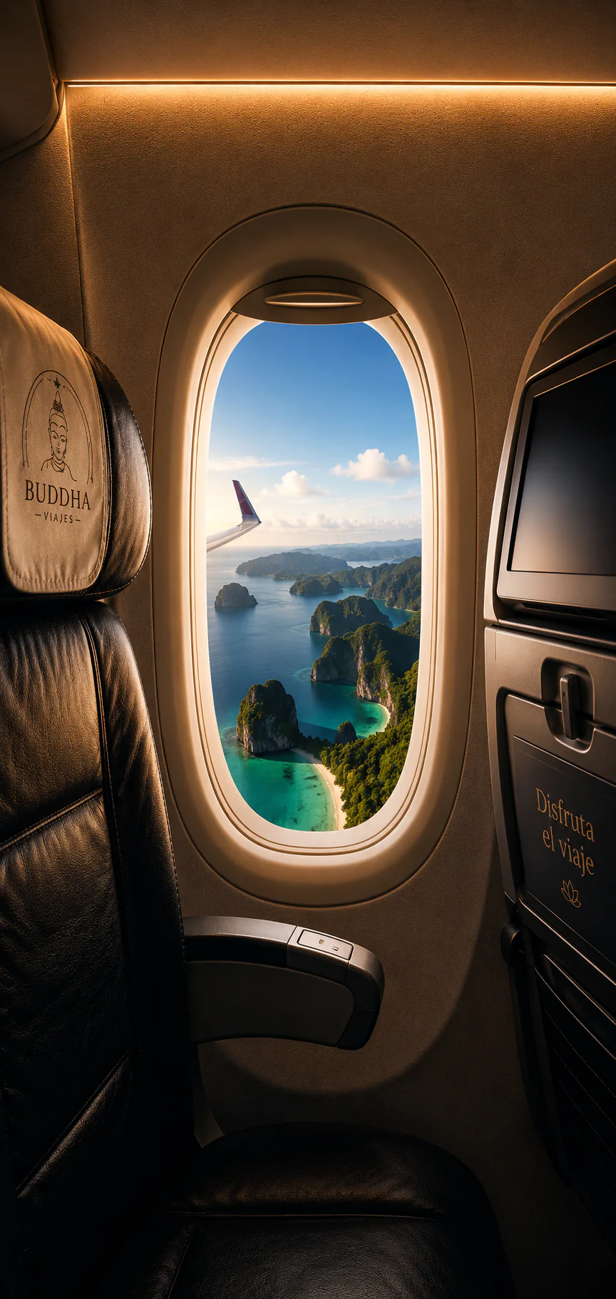 Interior de un avión de Buddha Viajes con vistas a las islas de Tailandia